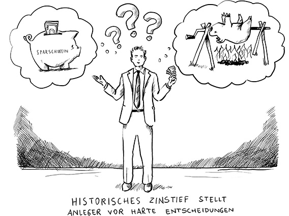 Karikatur zum Thema Zinstief (Illustration, © Artur Bodenstein)